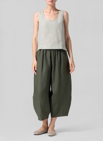 Khaki Green Dot Linen Sleeveless U-neck Vest Top