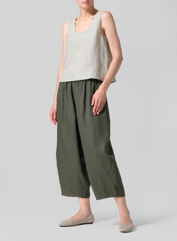 Khaki Green Dot Linen Sleeveless U-neck Vest Top