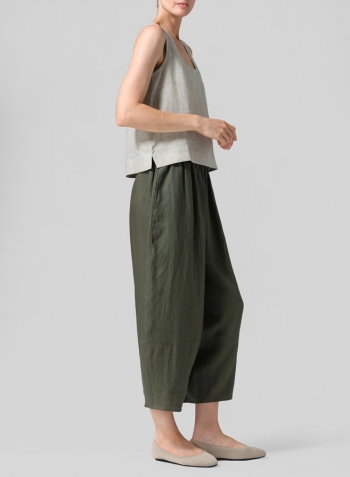 Khaki Green Dot Linen Sleeveless U-neck Vest Top