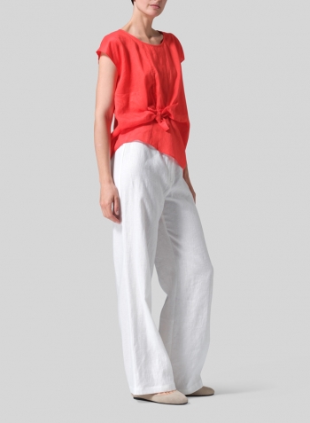 Red Linen Waist Self-tied Ribbon Top