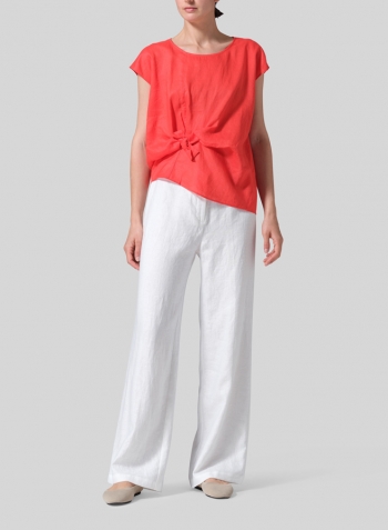 Red Linen Waist Self-tied Ribbon Top