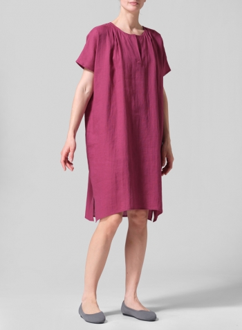Red Violet Linen Straight Cut V-neck Pleated Tunic
