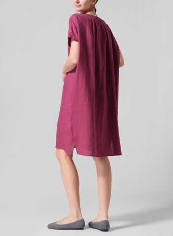 Red Violet Linen Straight Cut V-neck Pleated Tunic