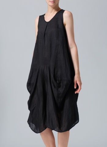 Black Linen Sleeveless Draped Dress