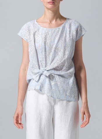 Blue Paisley Waves Linen Waist Self-tied Ribbon Top