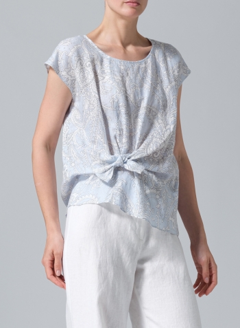 Blue Paisley Waves Linen Waist Self-tied Ribbon Top
