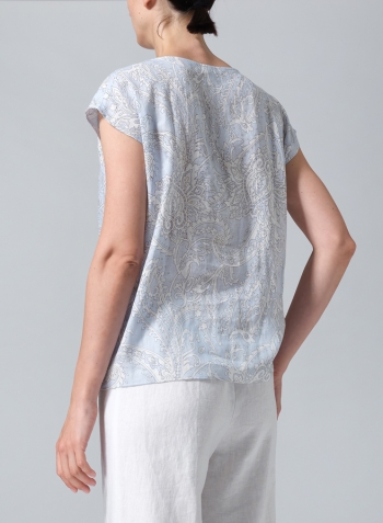 Blue Paisley Waves Linen Waist Self-tied Ribbon Top