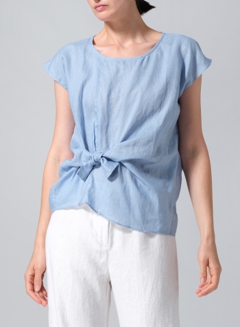 Sky Blue Linen Waist Self-tied Ribbon Top