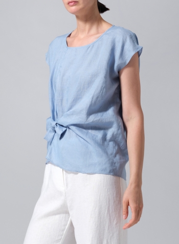 Sky Blue Linen Waist Self-tied Ribbon Top