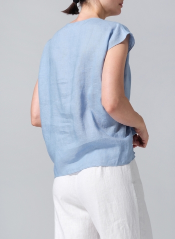 Sky Blue Linen Waist Self-tied Ribbon Top