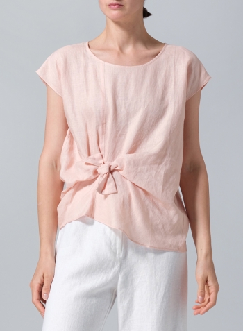 Rose Pink Linen Waist Self-tied Ribbon Top