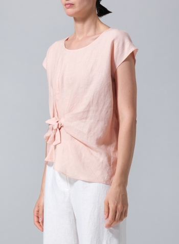 Rose Pink Linen Waist Self-tied Ribbon Top