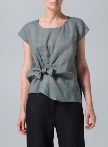 Green Gray Linen Waist Self-tied Ribbon Top