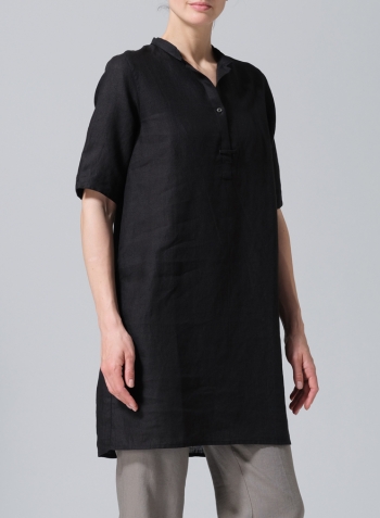 Black Linen A-line Tunic With Double-layer Collar