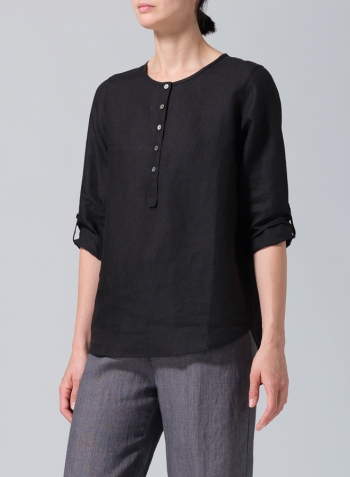 Black Linen Round Neck Half Button Mid-Length Top