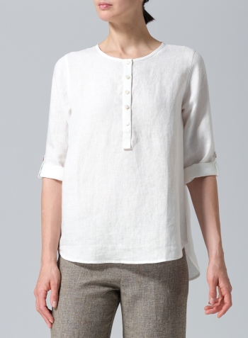 Ivory White Linen Round Neck Half Button Mid-Length Top