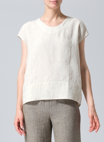 Oat Linen Boxy Cap Sleeved Crew Neck Top
