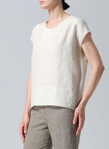 Oat Linen Boxy Cap Sleeved Crew Neck Top