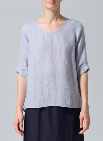 Light Pale Blue Linen Relaxed Scoop Neckline A-Shape Blouse