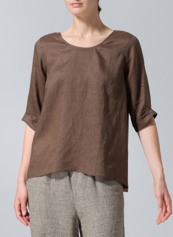 Dark Olive Linen Relaxed Scoop Neckline A-Shape Blouse