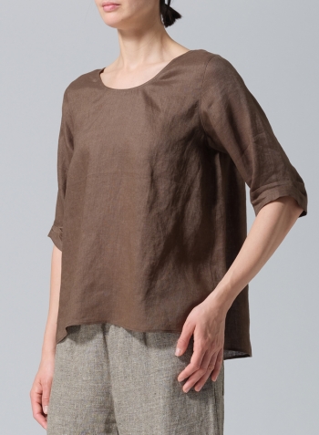 Dark Olive Linen Relaxed Scoop Neckline A-Shape Blouse