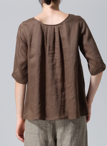 Dark Olive Linen Relaxed Scoop Neckline A-Shape Blouse