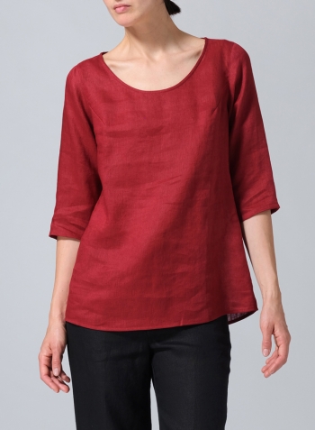 Dull Red Linen Elbow Sleeve Casual Mid-Length Top