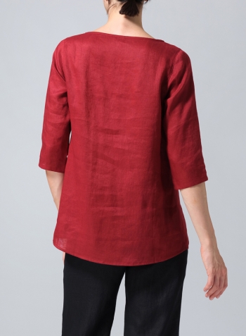 Dull Red Linen Elbow Sleeve Casual Mid-Length Top