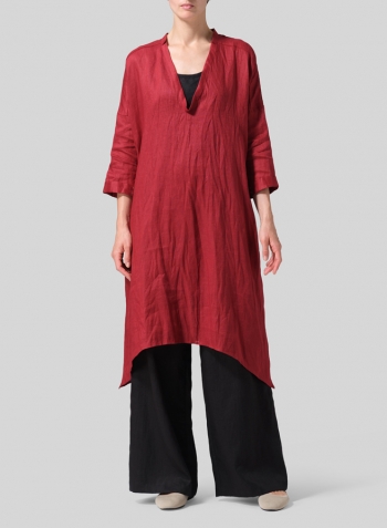 Dull Red Linen Roll Sleeve Deep V-neck Tunic