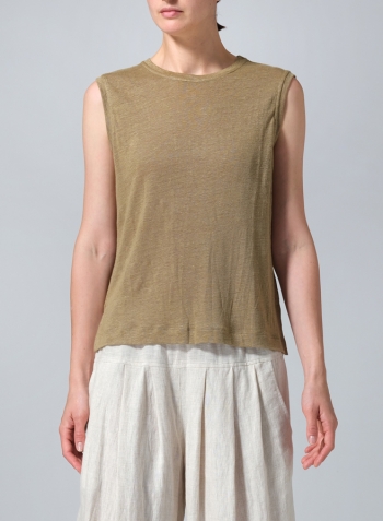 Olive Green Linen Knit Sleeveless Crew Neck Tank Top