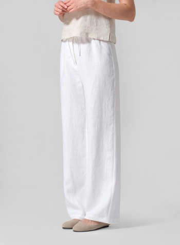 White Linen Drawstring Straight Leg Extra-Long Pants