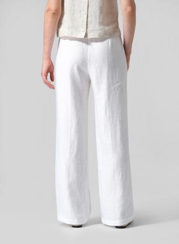 White Linen Drawstring Straight Leg Extra-Long Pants
