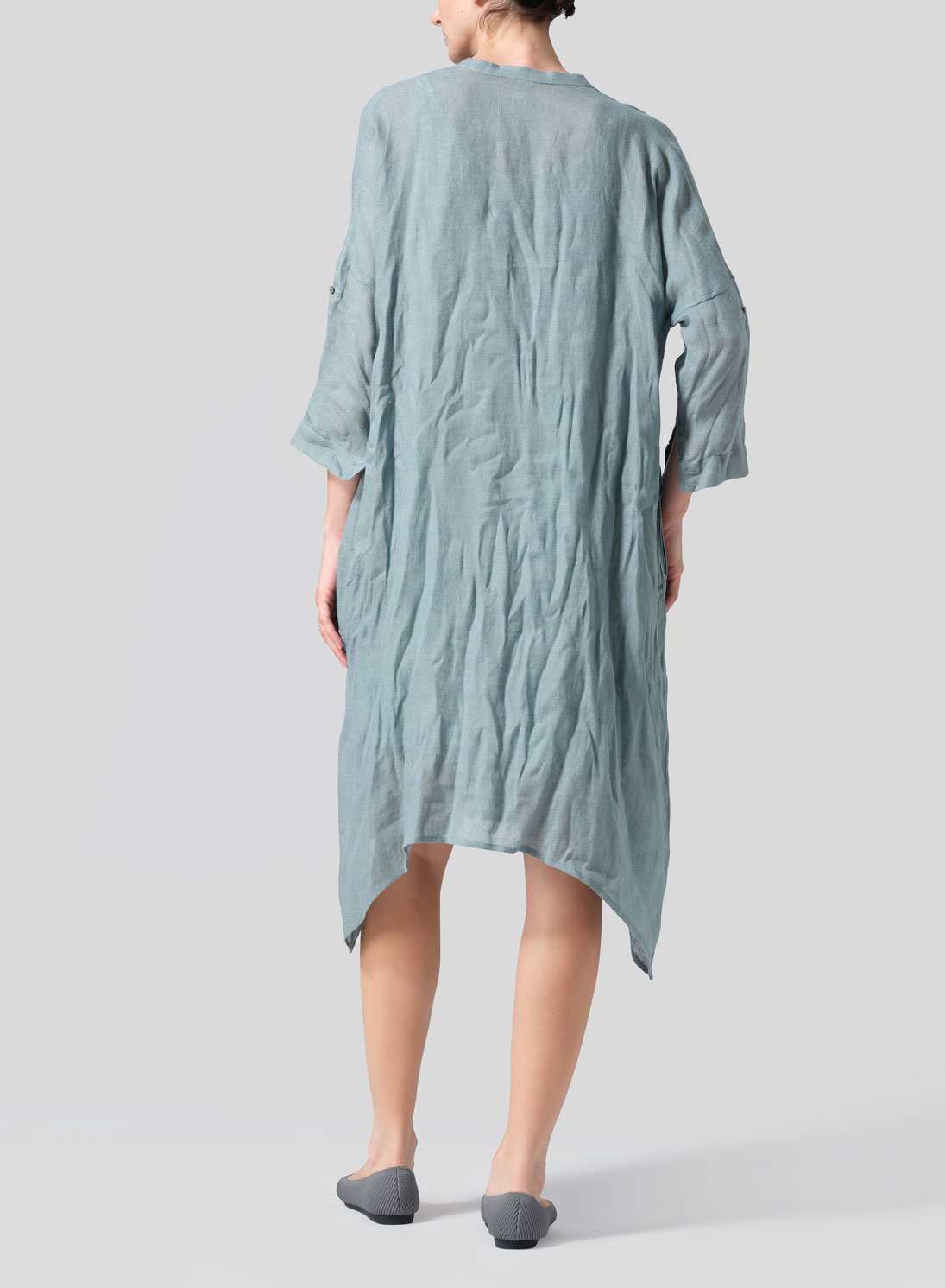 Woven Linen Roll Sleeve Deep V-neck Tunic