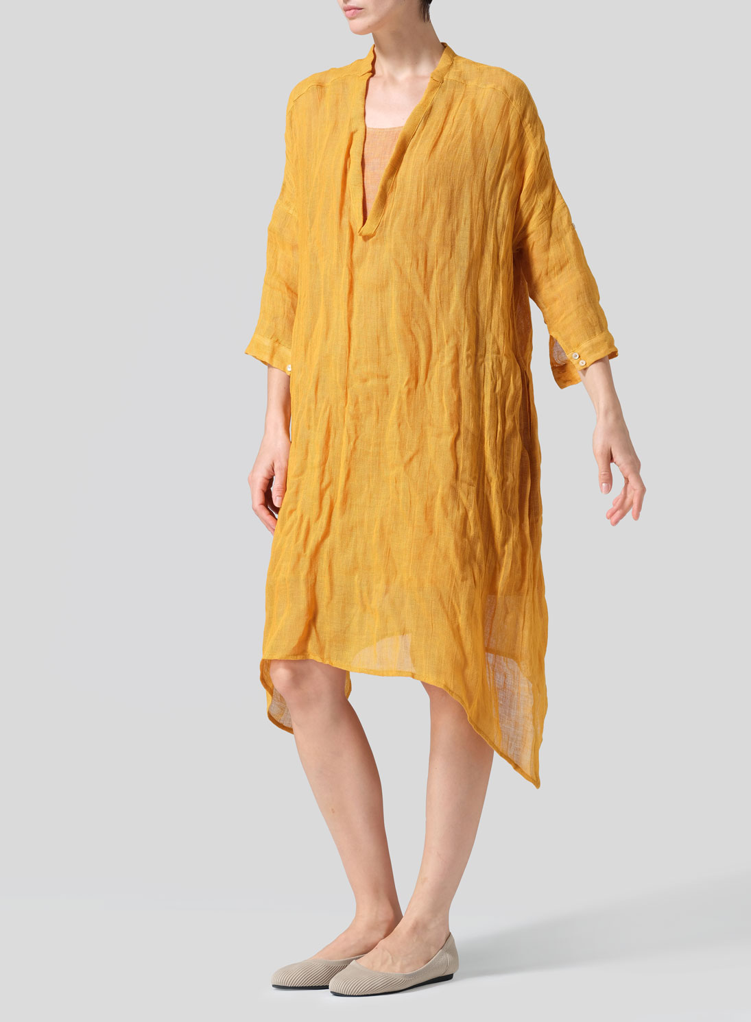 Woven Linen Roll Sleeve Deep V-neck Tunic