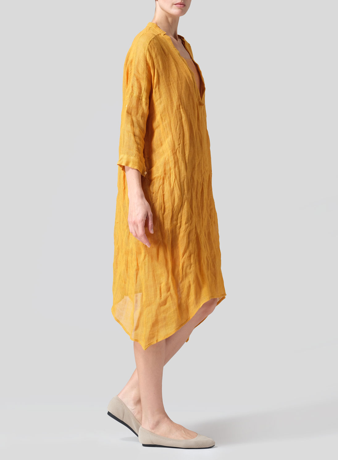 Woven Linen Roll Sleeve Deep V-neck Tunic
