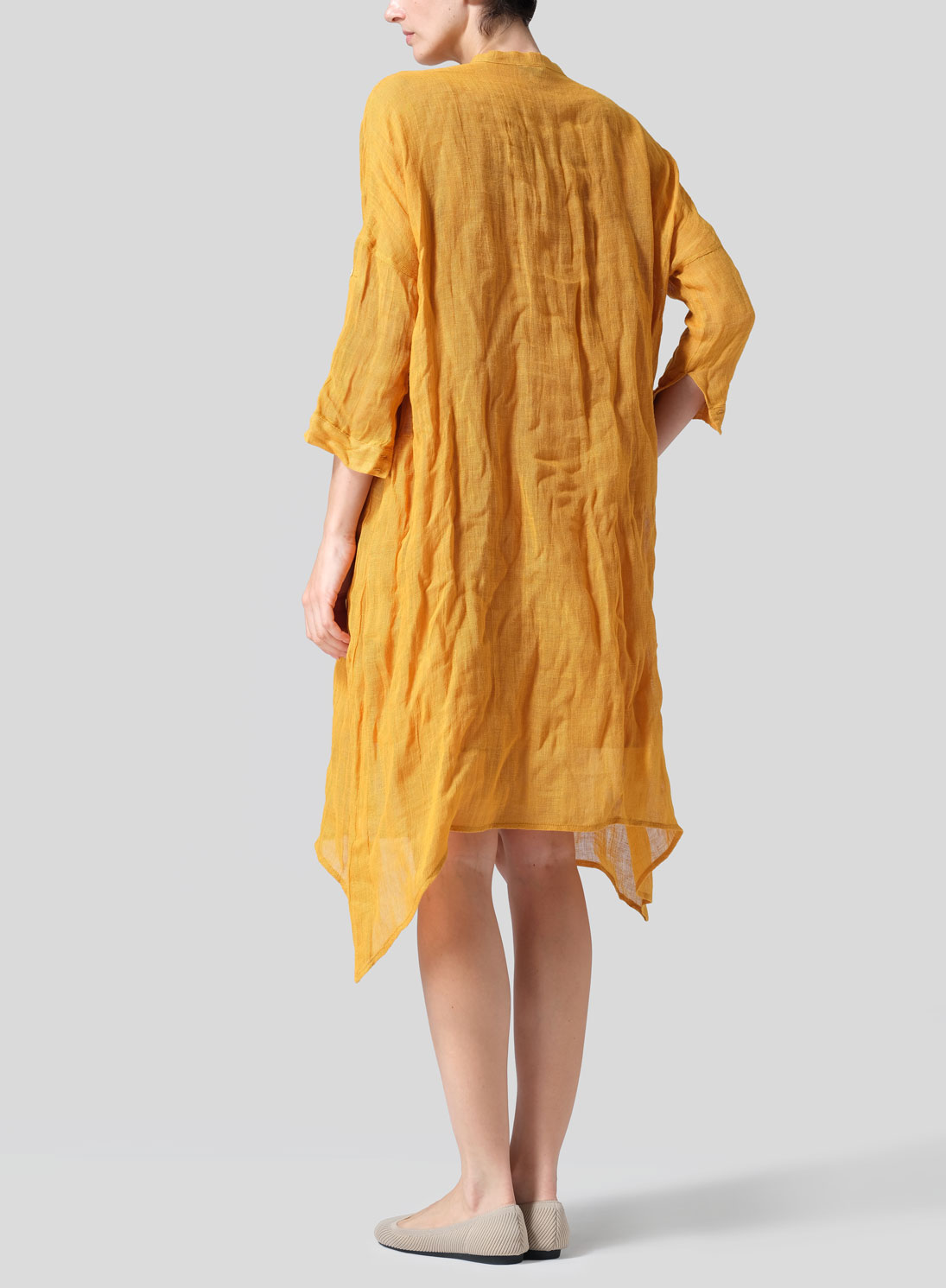 Woven Linen Roll Sleeve Deep V-neck Tunic