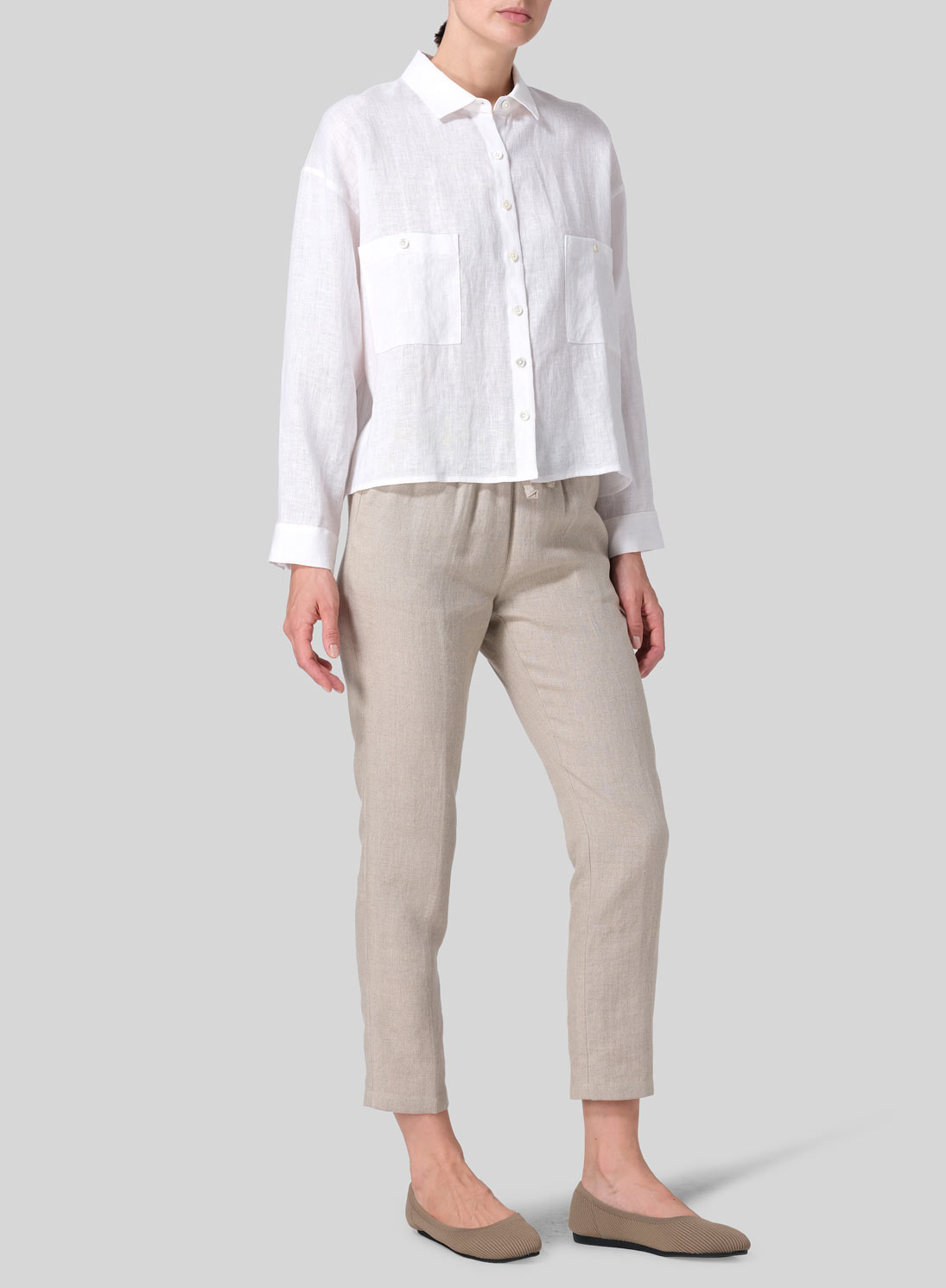 Linen Sloped Shoulder Wide Boxes with Collar Cropped Shirt