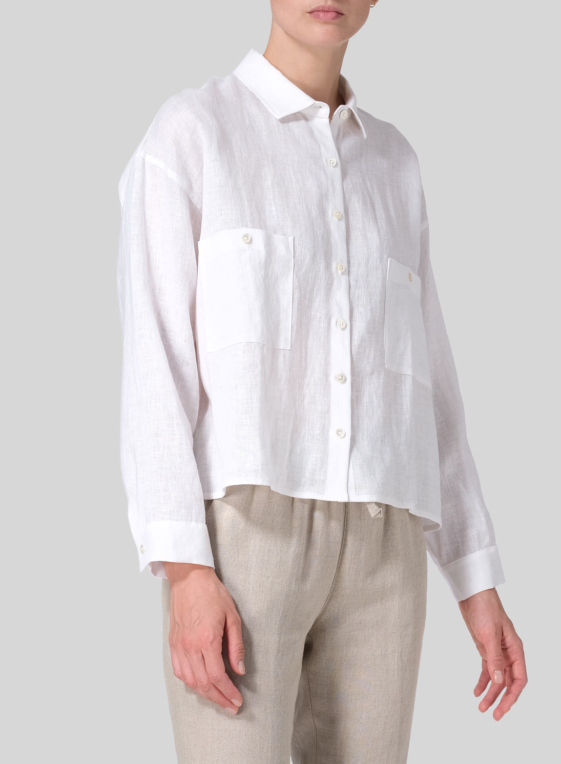 Linen Sloped Shoulder Wide Boxes with Collar Cropped Shirt