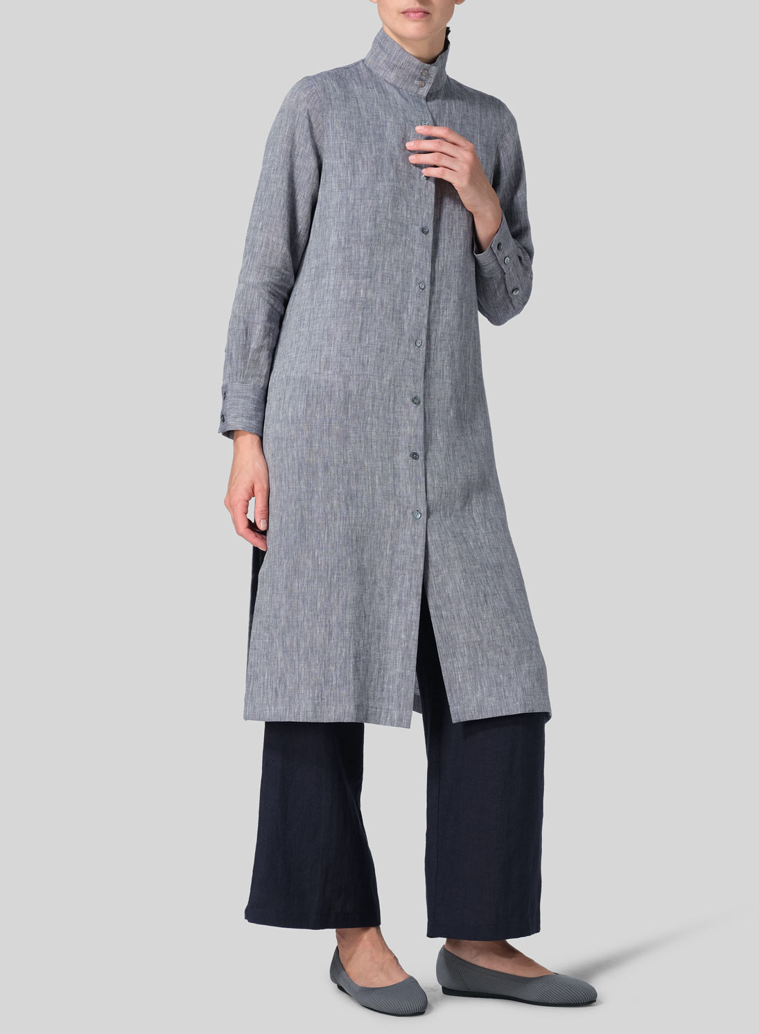 Linen High Stand Collar Long Shirt