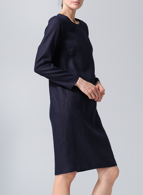 Linen Collarless Mid-Length Dress