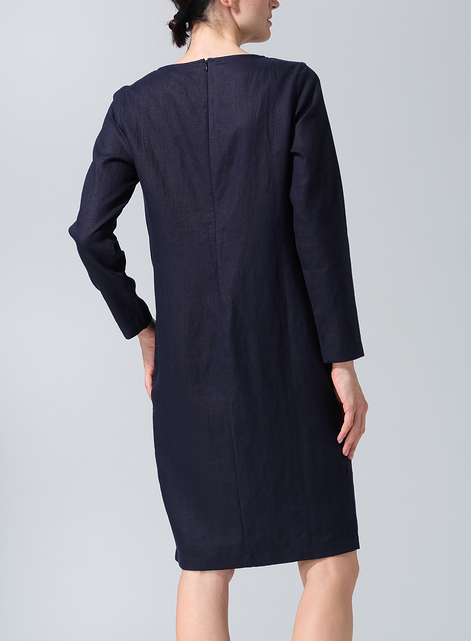 Linen Collarless Mid-Length Dress