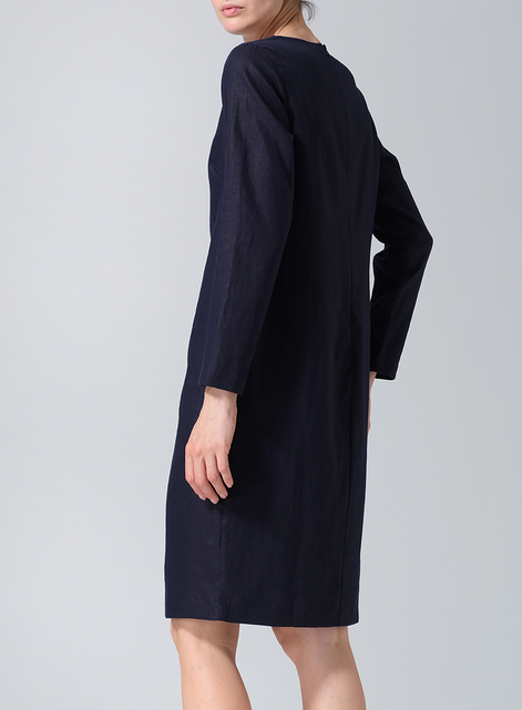 Linen Collarless Mid-Length Dress