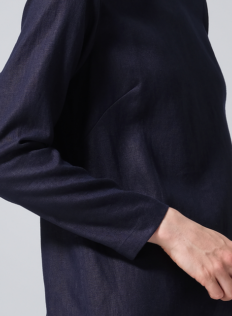 Linen Collarless Mid-Length Dress