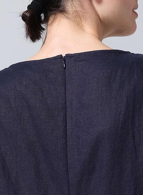 Linen Collarless Mid-Length Dress