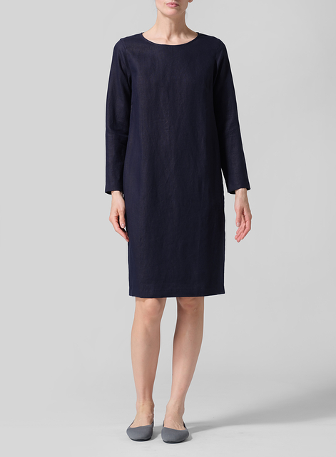 Linen Collarless Mid-Length Dress