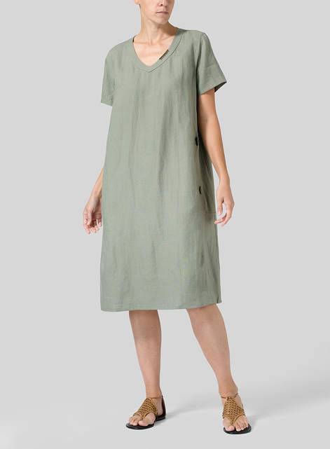 Heavy Linen Short-Sleeve Heart-Neck Dress