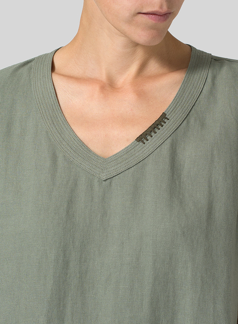 Heavy Linen Short-Sleeve Heart-Neck Dress