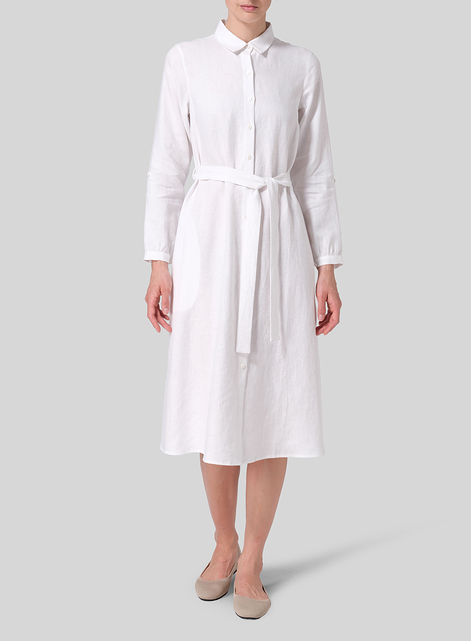 Linen Long-Sleeve Waist-Tie Dress
