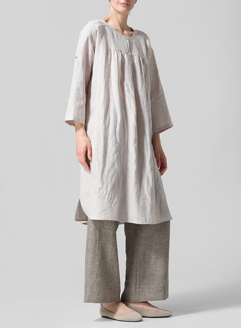 Linen Loose Roll-Tab Sleeve Midi Dress