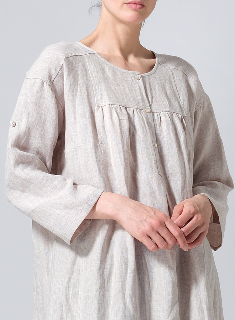 Linen Loose Roll-Tab Sleeve Midi Dress